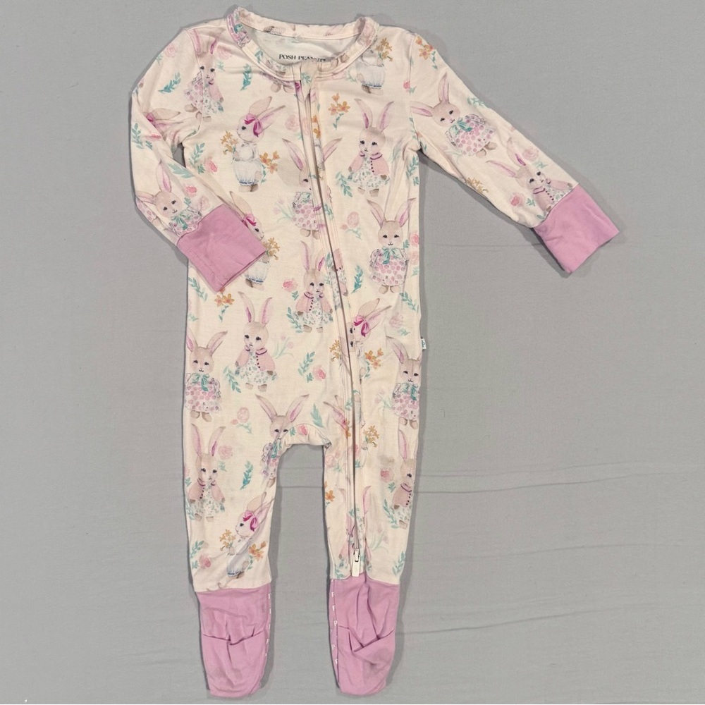 Posh Peanut Clementine Convertible One Piece Girls 6-9M Bunnies Sleeper Bamboo